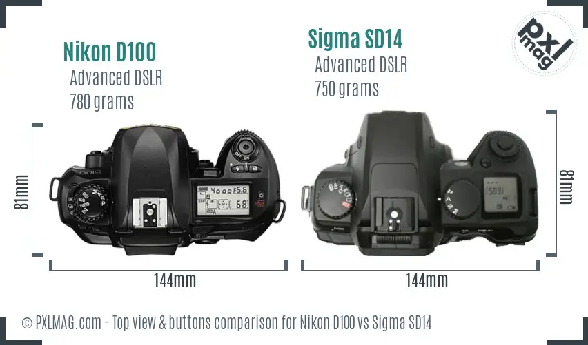 Nikon D100 vs Sigma SD14 top view buttons comparison