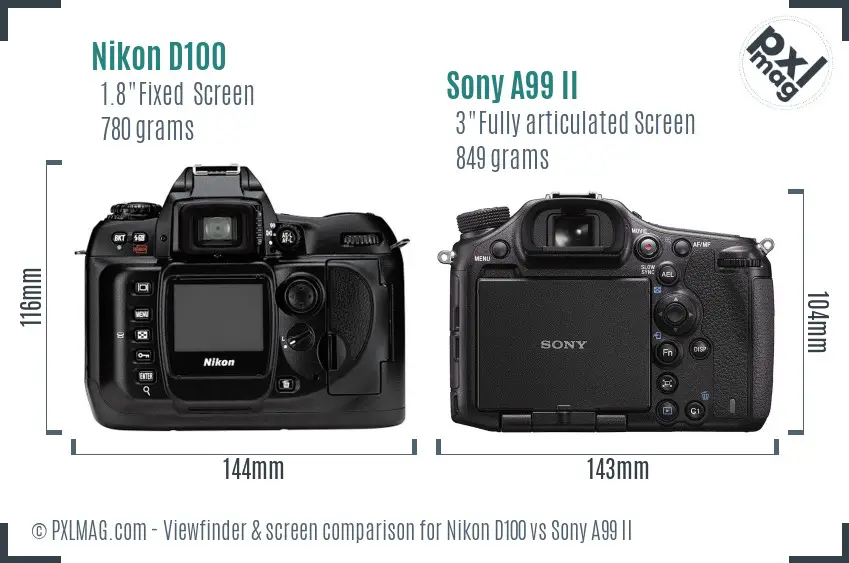 Nikon D100 vs Sony A99 II Screen and Viewfinder comparison