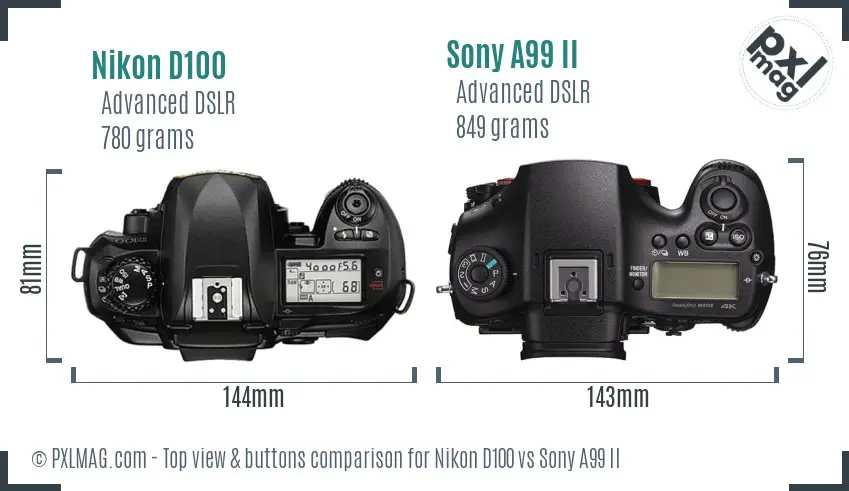 Nikon D100 vs Sony A99 II top view buttons comparison