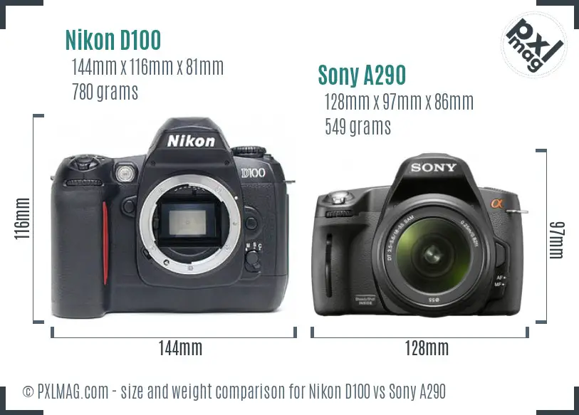 Nikon D100 vs Sony A290 size comparison