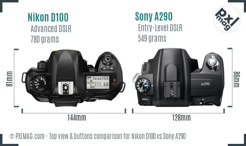 Nikon D100 vs Sony A290 top view buttons comparison