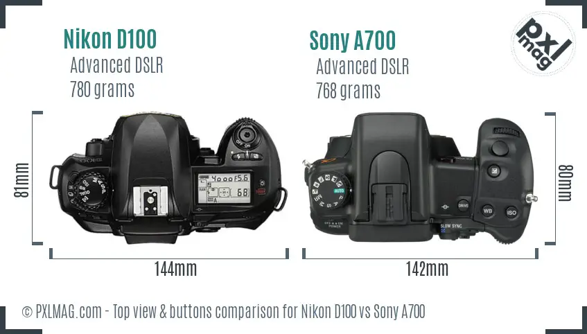 Nikon D100 vs Sony A700 top view buttons comparison