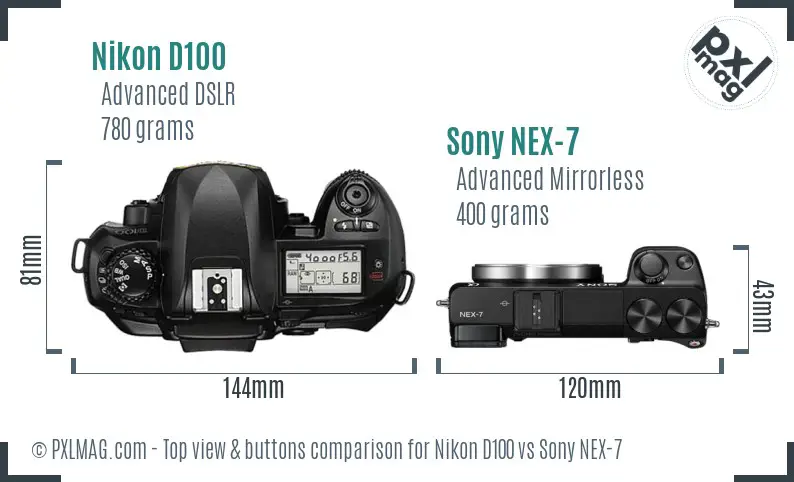 Nikon D100 vs Sony NEX-7 top view buttons comparison