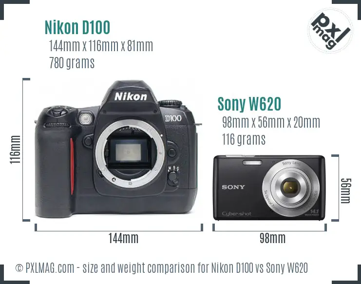 Nikon D100 vs Sony W620 size comparison