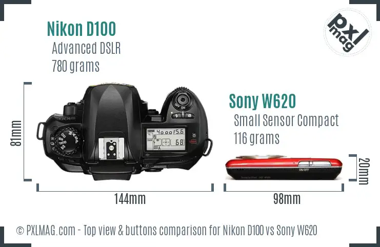 Nikon D100 vs Sony W620 top view buttons comparison