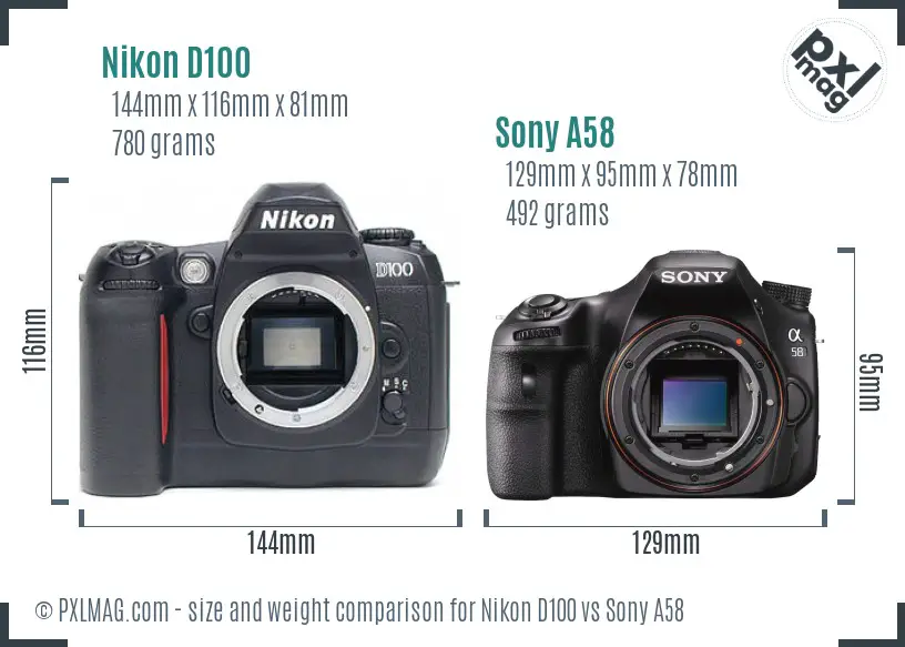 Nikon D100 and Sony A58 size comparison