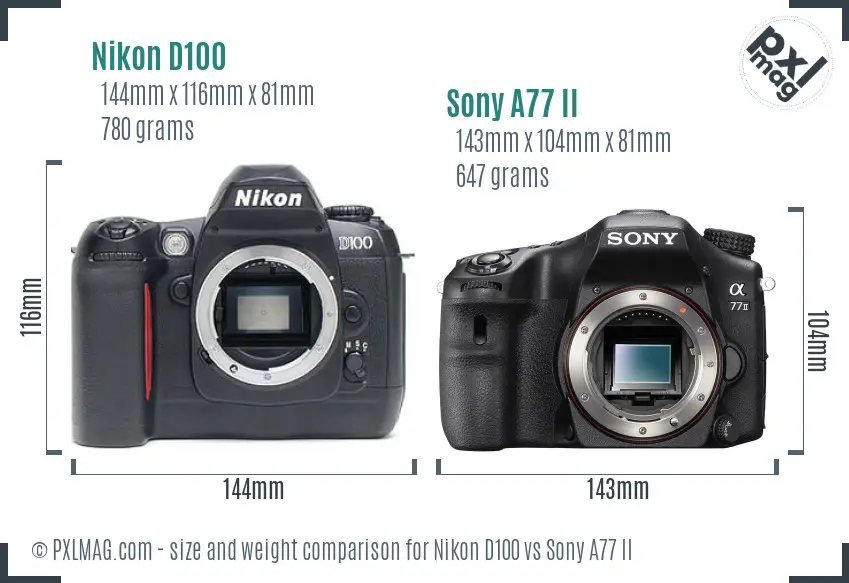 Nikon D100 vs Sony A77 II size comparison