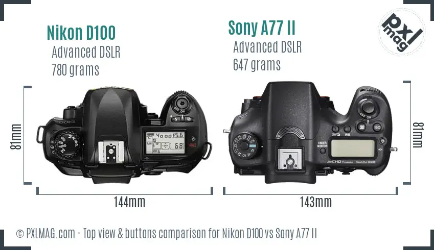 Nikon D100 vs Sony A77 II top view buttons comparison