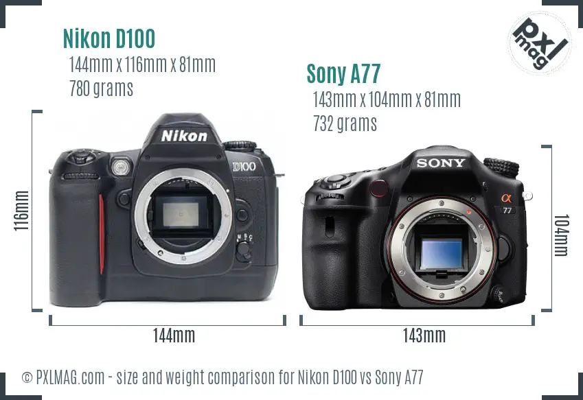 Nikon D100 vs Sony A77 size comparison