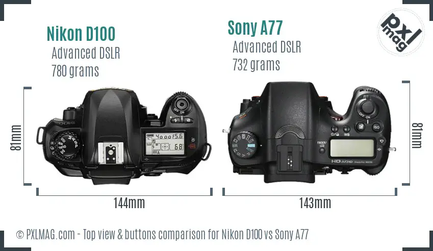 Nikon D100 vs Sony A77 top view buttons comparison