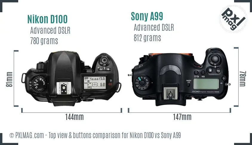 Nikon D100 vs Sony A99 top view buttons comparison