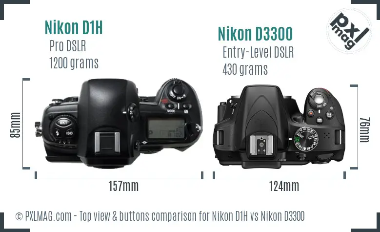 Nikon D1H vs Nikon D3300 top view buttons comparison