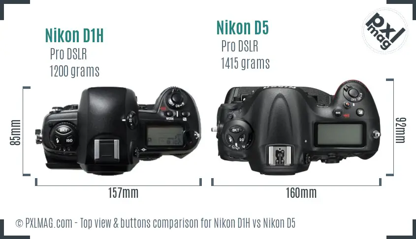 Nikon D1H vs Nikon D5 top view buttons comparison