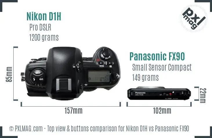 Nikon D1H vs Panasonic FX90 top view buttons comparison