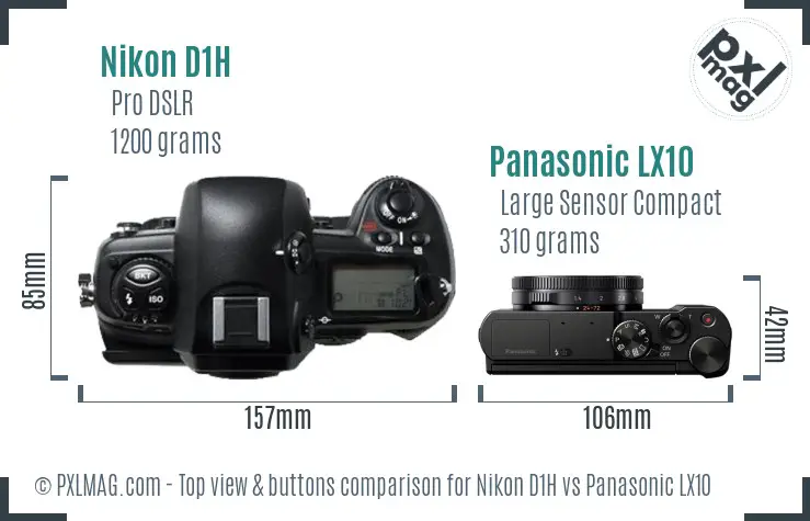 Nikon D1H vs Panasonic LX10 top view buttons comparison