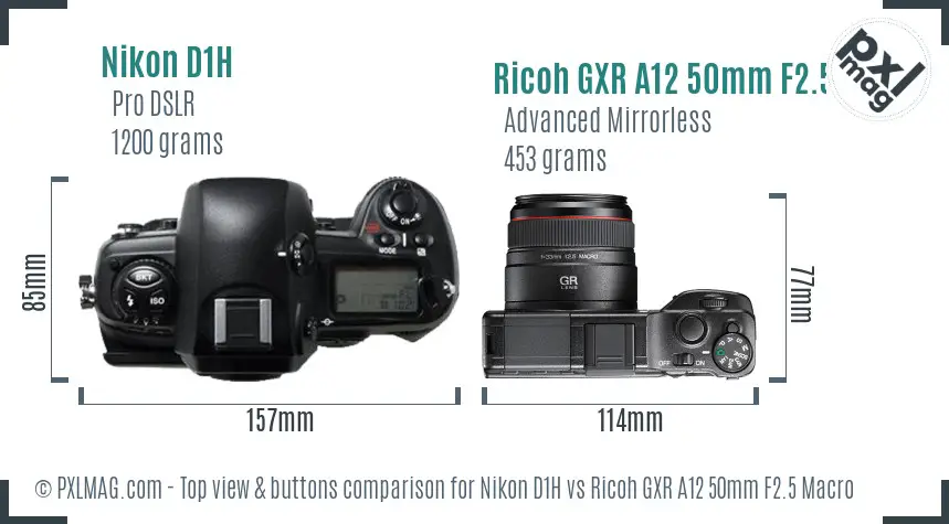 Nikon D1H vs Ricoh GXR A12 50mm F2.5 Macro top view buttons comparison