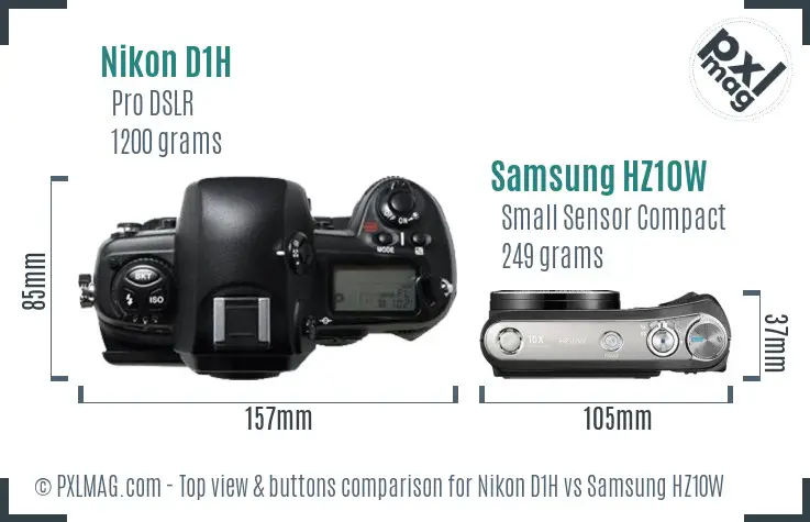 Nikon D1H vs Samsung HZ10W top view buttons comparison