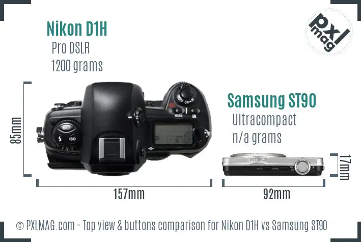 Nikon D1H vs Samsung ST90 top view buttons comparison