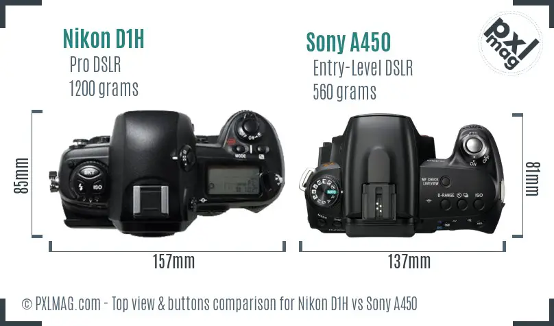 Nikon D1H vs Sony A450 top view buttons comparison