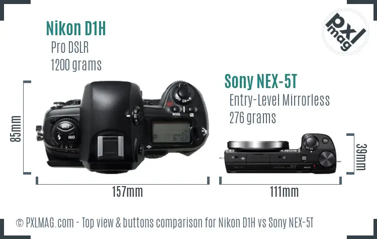 Nikon D1H vs Sony NEX-5T top view buttons comparison