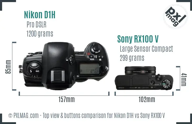 Nikon D1H vs Sony RX100 V top view buttons comparison