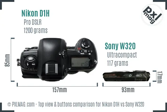 Nikon D1H vs Sony W320 top view buttons comparison