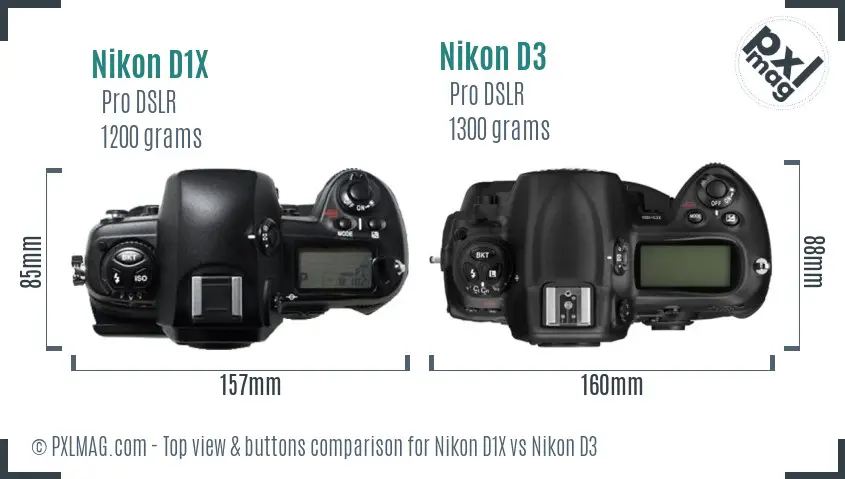 Nikon D1X vs Nikon D3 top view buttons comparison