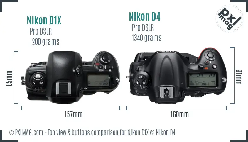 Nikon D1X vs Nikon D4 top view buttons comparison