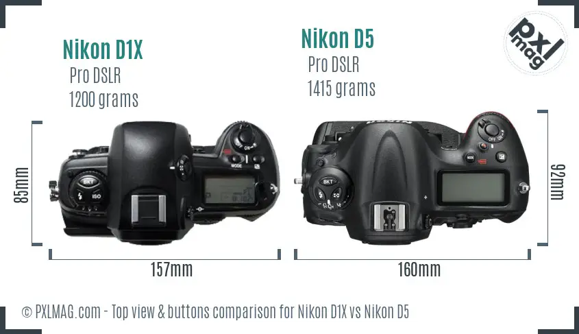 Nikon D1X vs Nikon D5 top view buttons comparison