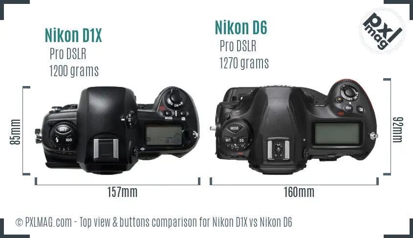 Nikon D1X vs Nikon D6 top view buttons comparison