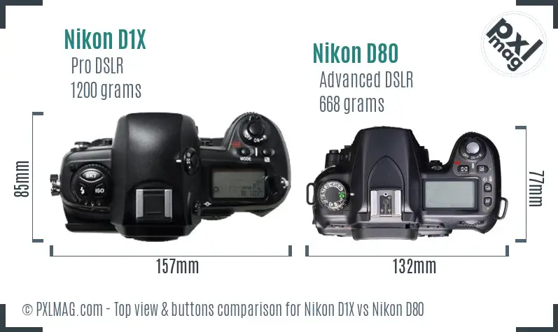 Nikon D1X vs Nikon D80 top view buttons comparison