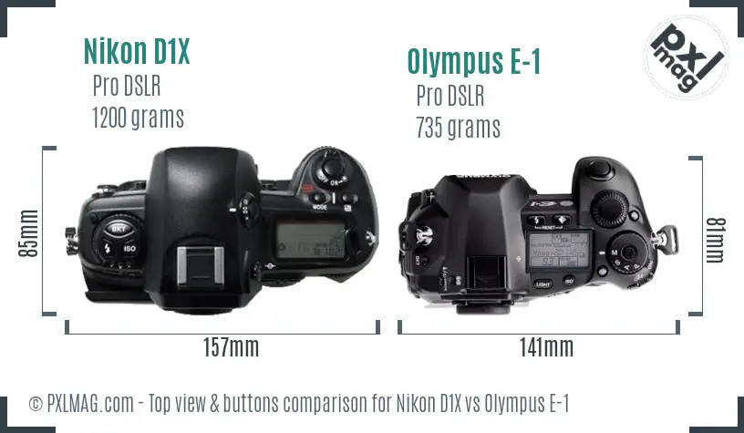 Nikon D1X vs Olympus E-1 top view buttons comparison