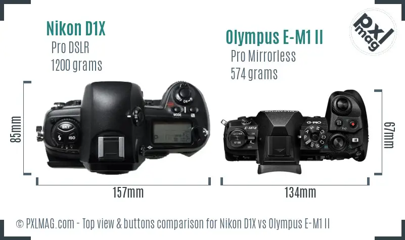 Nikon D1X vs Olympus E-M1 II top view buttons comparison