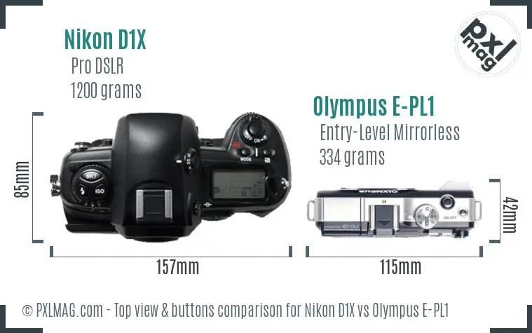 Nikon D1X vs Olympus E-PL1 top view buttons comparison