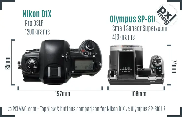 Nikon D1X vs Olympus SP-810 UZ top view buttons comparison