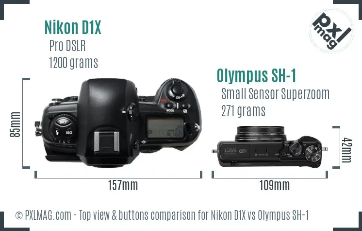 Nikon D1X vs Olympus SH-1 top view buttons comparison