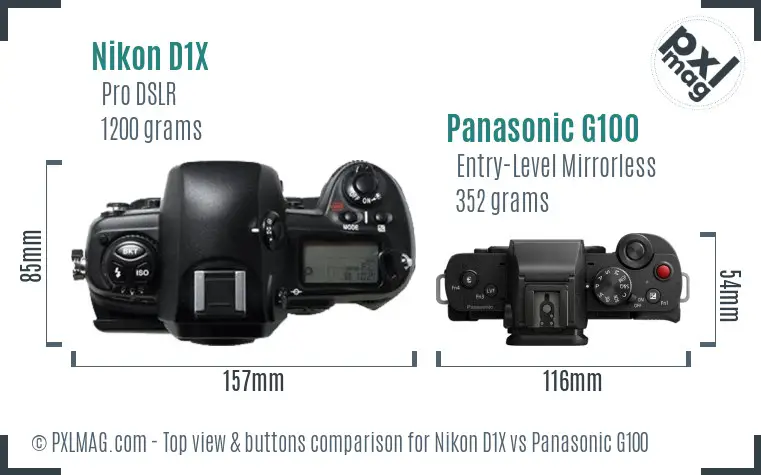 Nikon D1X vs Panasonic G100 top view buttons comparison