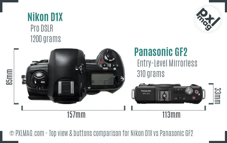 Nikon D1X vs Panasonic GF2 top view buttons comparison