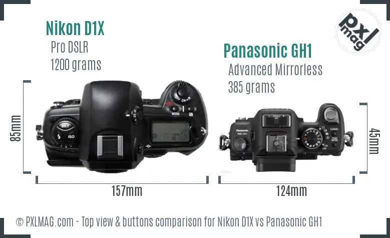 Nikon D1X vs Panasonic GH1 top view buttons comparison