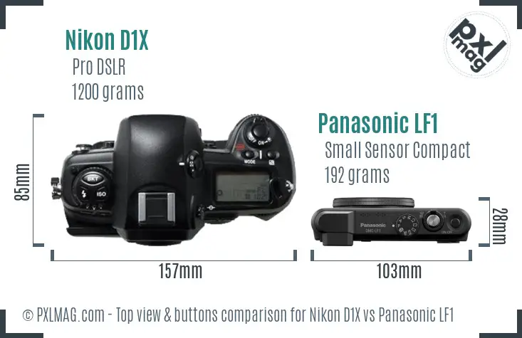 Nikon D1X vs Panasonic LF1 top view buttons comparison
