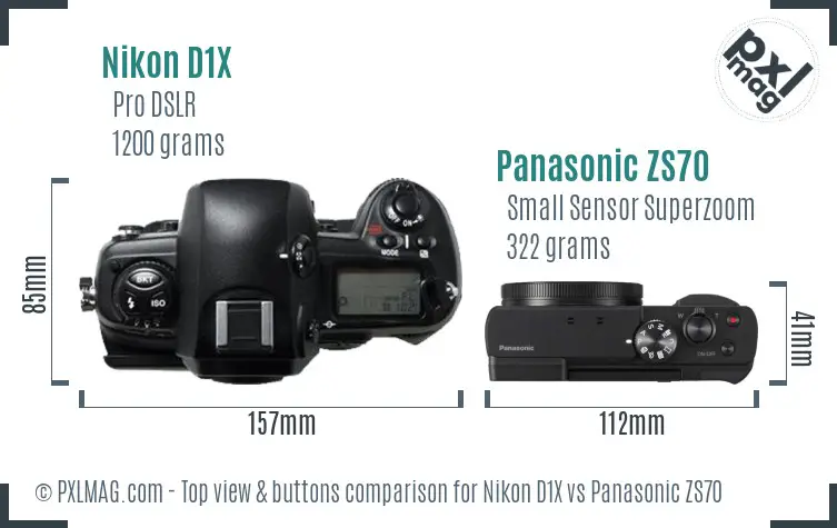 Nikon D1X vs Panasonic ZS70 top view buttons comparison