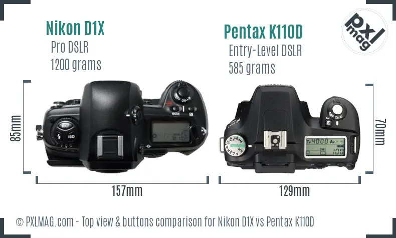 Nikon D1X vs Pentax K110D top view buttons comparison