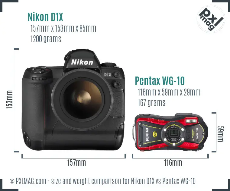 Nikon D1X vs Pentax WG-10 size comparison