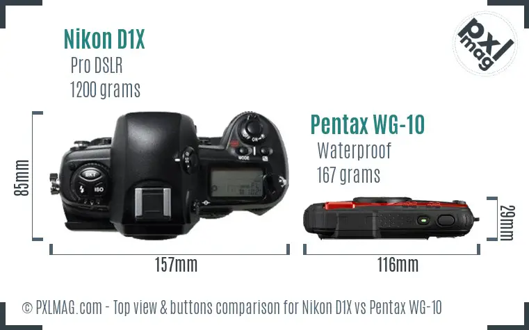 Nikon D1X vs Pentax WG-10 top view buttons comparison