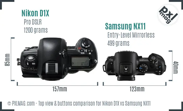 Nikon D1X vs Samsung NX11 top view buttons comparison