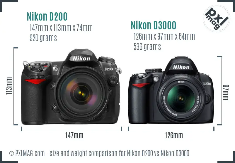 Nikon D200 vs Nikon D3000 size comparison