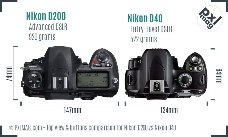 Nikon D200 vs Nikon D40 top view buttons comparison Nikon D200 vs Nikon D40 top view buttons comparison