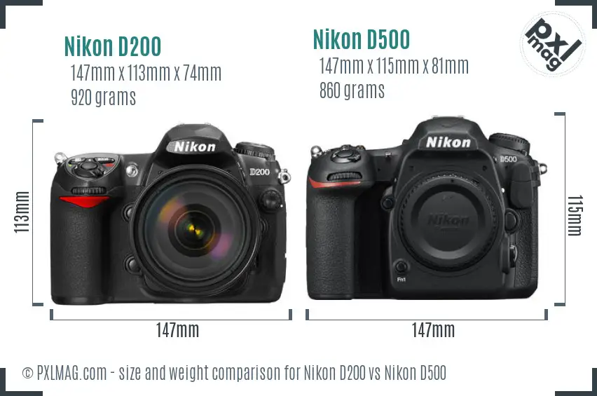 Nikon D200 vs Nikon D500 size comparison
