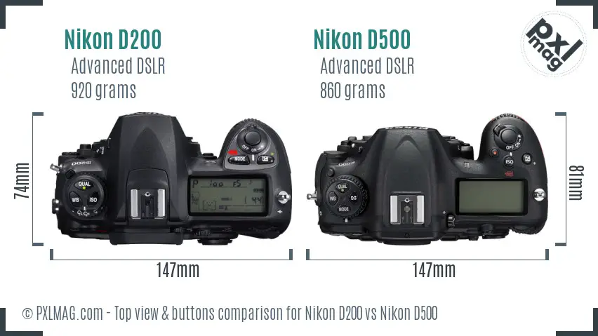 Nikon D200 vs Nikon D500 top view buttons comparison
