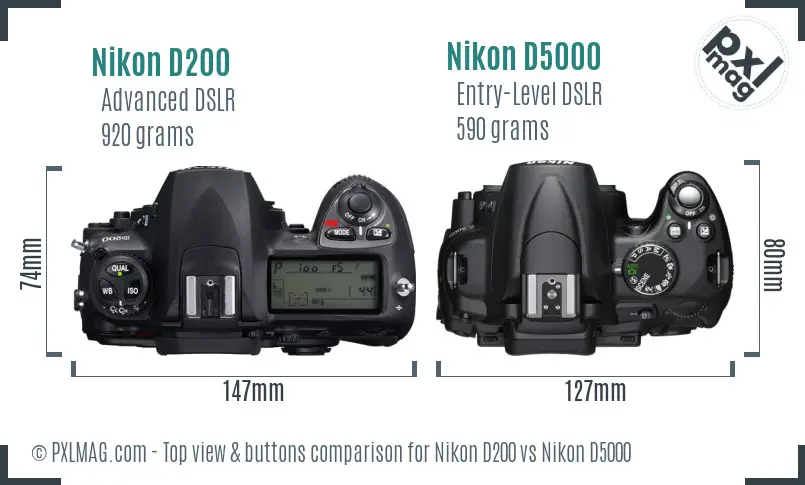 Nikon D200 vs Nikon D5000 top view buttons comparison